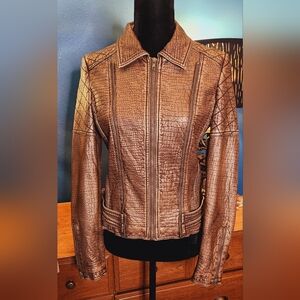 Aldo Women's Textured Leather 3-Zipper Jacket in Bronze Brown Size S/M